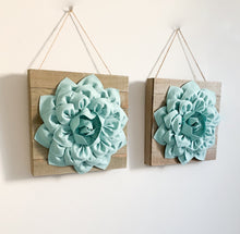 Load image into Gallery viewer, TWO Dusty Bl;ue Dahlia flowers on Reclaimed Wood plank canvases for  wall art decor
