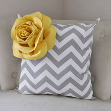 Load image into Gallery viewer, Mellow Yellow Corner Rose on Gray and White Zigzag Pillow 14 X 14 -Chevron Flower Pillow- Zig Zag Pillows - Daisy Manor