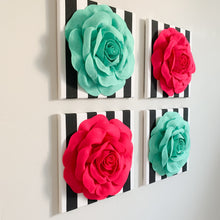 Load image into Gallery viewer, Hot Pink and Teal Roses on Black and White Stripe Set of Four Wall Art