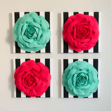 Load image into Gallery viewer, Hot Pink and Teal Roses on Black and White Stripe Set of Four Wall Art