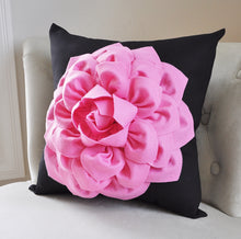 Load image into Gallery viewer, Bright Pink Dahlia on Black Pillow