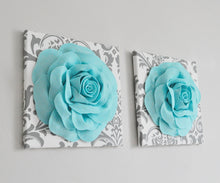 Load image into Gallery viewer, Flower Wall Decor Aqua Blue and White Damask Canvas Set - Daisy Manor