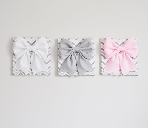 Pink and Grey Nursery Wall Decor Bow Canvas Set - Daisy Manor
