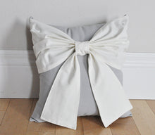 Load image into Gallery viewer, Ivory and Gray Farmhouse Bow Throw Pillow - Daisy Manor