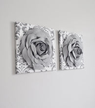 Load image into Gallery viewer, Gray Roses on White Gray Damask Wall Art Canvas Wall Art Sets - Daisy Manor