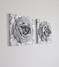 Load image into Gallery viewer, Flower Wall Decor Aqua Blue and White Damask Canvas Set - Daisy Manor