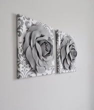 Load image into Gallery viewer, Gray Roses on White Gray Damask Wall Art Canvas Wall Art Sets - Daisy Manor