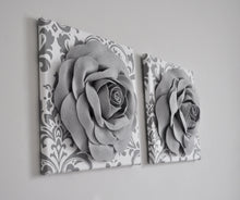 Load image into Gallery viewer, Slate Gray Roses on White and Gray Damask Canvas Wall Art - Daisy Manor
