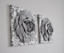 Load image into Gallery viewer, Slate Gray Roses on White and Gray Damask Canvas Wall Art - Daisy Manor