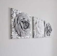 Load image into Gallery viewer, Gray and White Rose Canvas Wall Art Set of 3 - Daisy Manor