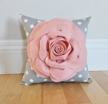 Load image into Gallery viewer, Blush Pink Rose on Gray Polka Dot Pillow - Daisy Manor