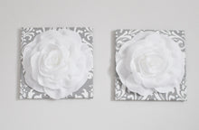 Load image into Gallery viewer, White Roses on Gray and White Damask Canvas set of two - Daisy Manor