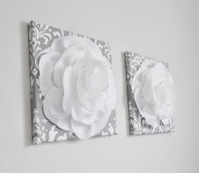 Load image into Gallery viewer, White Roses on Gray and White Damask Canvas set of two - Daisy Manor