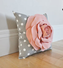 Load image into Gallery viewer, Blush Pink Rose on Gray Polka Dot Pillow - Daisy Manor

