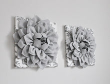 Load image into Gallery viewer, Silver Gray Dahlia Flowers on White Gray Damask Canvas Set of TWO - Daisy Manor