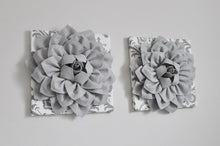 Load image into Gallery viewer, Silver Gray Dahlia Flowers on White Gray Damask Canvas Set of TWO - Daisy Manor