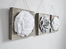 Load image into Gallery viewer, Gray and White Roses on Reclaimed Wood Plank Wall Hanging Set of Three - Daisy Manor
