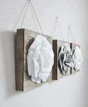 Load image into Gallery viewer, Gray and White Roses on Reclaimed Wood Plank Wall Hanging Set of Three - Daisy Manor