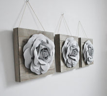 Load image into Gallery viewer, Three Grey Roses on Reclaimed Wooden Wall Plank Set - Daisy Manor
