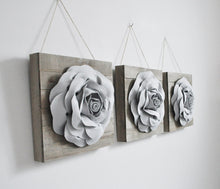 Load image into Gallery viewer, Three Grey Roses on Reclaimed Wooden Wall Plank Set - Daisy Manor