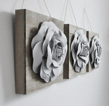 Load image into Gallery viewer, Three Grey Roses on Reclaimed Wooden Wall Plank Set - Daisy Manor