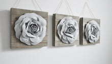 Load image into Gallery viewer, Three Grey Roses on Reclaimed Wooden Wall Plank Set - Daisy Manor