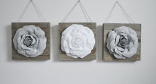 Load image into Gallery viewer, Gray and White Roses on Reclaimed Wood Plank Wall Hanging Set of Three - Daisy Manor