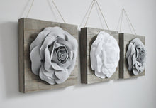 Load image into Gallery viewer, Gray and White Roses on Reclaimed Wood Plank Wall Hanging Set of Three - Daisy Manor