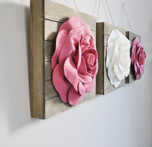 Load image into Gallery viewer, Dark Blush and Ivory Three Rose Flower Wood Plank Wall Hanging Set - Daisy Manor