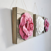 Load image into Gallery viewer, Dark Blush and Ivory Three Rose Flower Wood Plank Wall Hanging Set - Daisy Manor