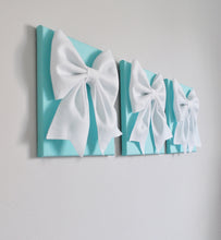 Load image into Gallery viewer, Three White Bows on Aqua Wall Art Large Bow Wall Decor Set - Daisy Manor
