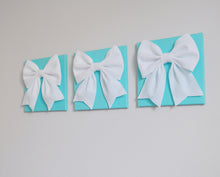Load image into Gallery viewer, Three White Bows on Aqua Wall Art Large Bow Wall Decor Set - Daisy Manor
