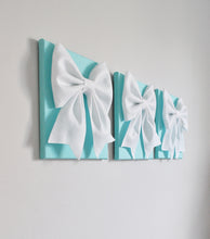 Load image into Gallery viewer, Three White Bows on Aqua Wall Art Large Bow Wall Decor Set - Daisy Manor