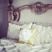 Load image into Gallery viewer, White Dahlia flower on Gold Decorative Throw Pillow