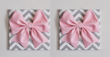 Load image into Gallery viewer, Set of Two Large Light Pink Bow on Gray and White Chevron 12 x12" Canvas Wall Art- Baby Nursery Wall Decor- Zig Zag