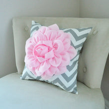 Load image into Gallery viewer, Light Pink Dahlia Flower Pillow Pink and Gray Chevron Pillow - Daisy Manor

