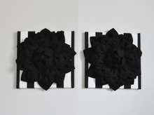 Load image into Gallery viewer, Black Sahlia flowers on Black and White Stripe Wall art Canvases size 12 by 12 inches