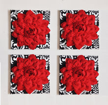 Load image into Gallery viewer, Red Dahlia flowers on Black with White Damask Canvases Perfect Christmas Decoration