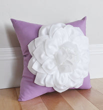 Load image into Gallery viewer, White Dahlia Flower on Lilac Pillow - Daisy Manor