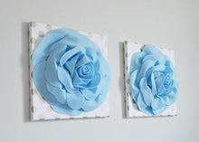 Load image into Gallery viewer, Light Blue Roses on Gold Polka Dot Canvases