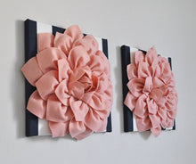 Load image into Gallery viewer, Blush Dahlia Flowers on Navy Stripes Wall Art - Daisy Manor