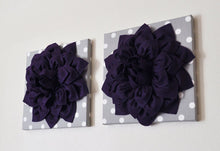 Load image into Gallery viewer, Two Deep Purple Dahlia on Gray and White Polka Dot 12 x12" Canvas Wall Art - Daisy Manor