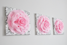 Load image into Gallery viewer, Light Pink Roses on White with Gray Damask Canvases size 12x12