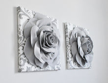 Load image into Gallery viewer, Gray Roses on White Gray Damask Wall Art Canvas Wall Art Sets - Daisy Manor