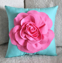 Load image into Gallery viewer, Throw Pillow Pink Rose on Bright Aqua Pillow 16 x 16 - Daisy Manor