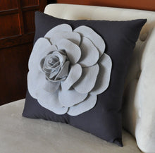 Load image into Gallery viewer, Gray Decorative Pillow. Gray Dahlia Flower on Charcoal Grey Pillow. Made to Order. - Daisy Manor