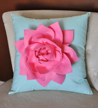 Load image into Gallery viewer, Decorative Pillow Lotus Flower Throw Pillow -Pink on Aqua - 14" x 14" -Water Lily Flower Bedbuggs Design - Daisy Manor