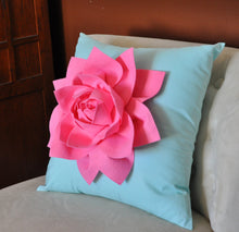Load image into Gallery viewer, Decorative Pillow Lotus Flower Throw Pillow -Pink on Aqua - 14" x 14" -Water Lily Flower Bedbuggs Design - Daisy Manor