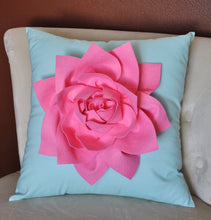 Load image into Gallery viewer, Decorative Pillow Lotus Flower Throw Pillow -Pink on Aqua - 14" x 14" -Water Lily Flower Bedbuggs Design - Daisy Manor
