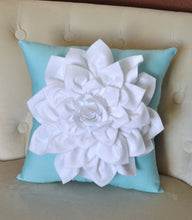 Load image into Gallery viewer, White Dahlia Felt Flower on Blue Pillow - Daisy Manor
